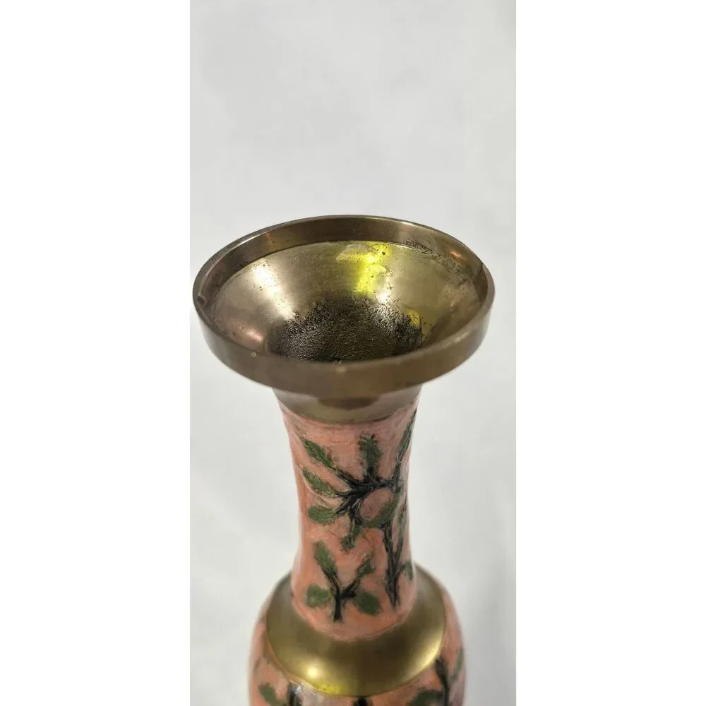 Hand-Painted Pink Floral Enamel Vintage Brass Bud Vase